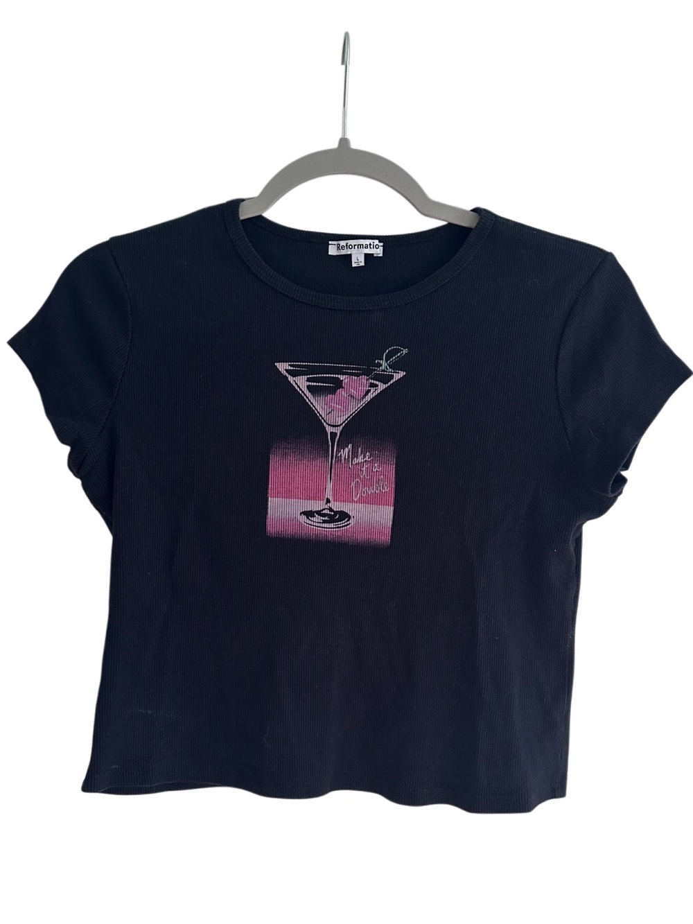 Reformation Black Ribbed Tee with Pink Martini Graphic - Size L